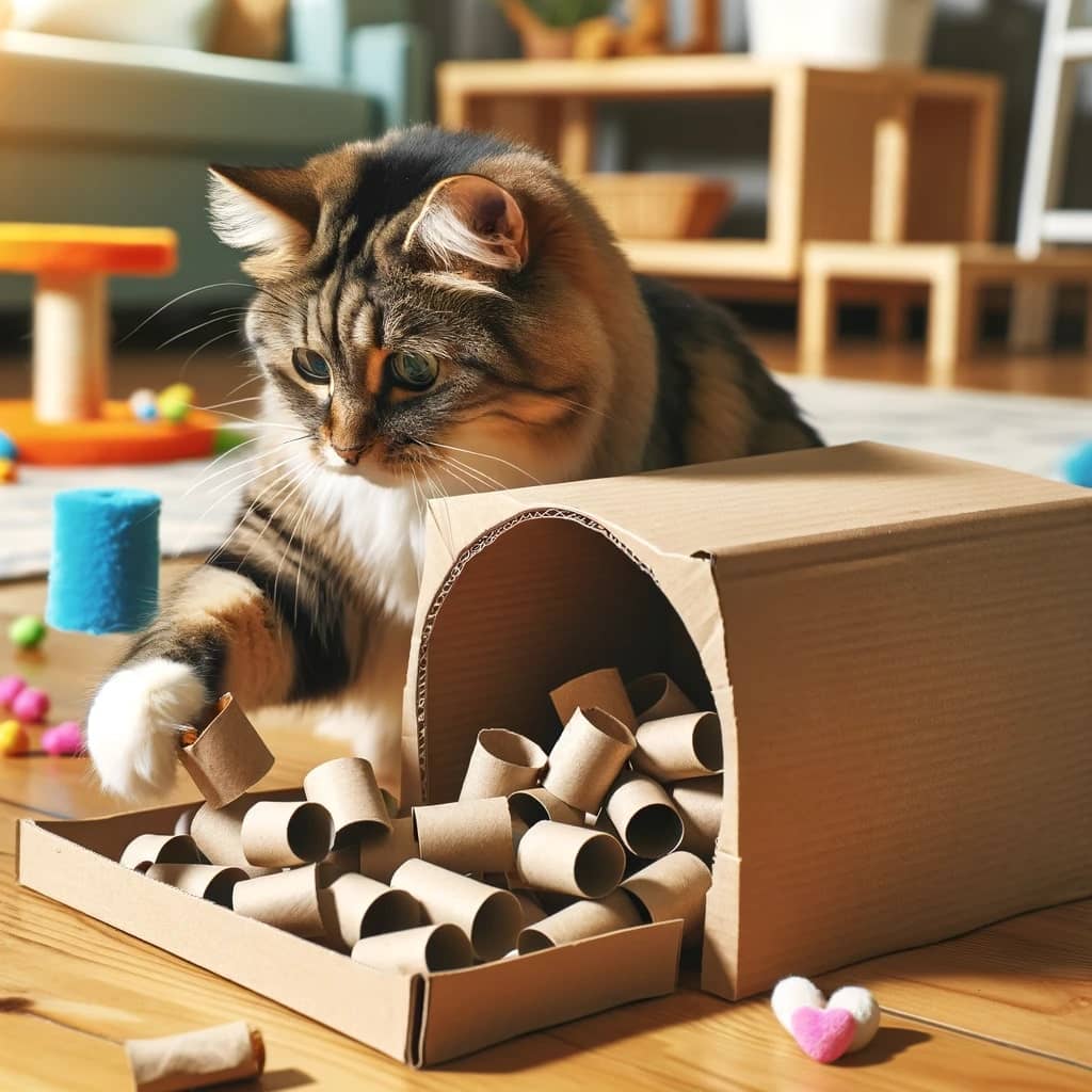 cat playing with a DIY puzzle feeder made from empty toilet paper rolls and a cardboard box filled with treats