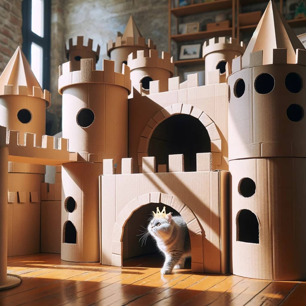 fort made of cardboard boxes designed as a castle with tunnels and towers