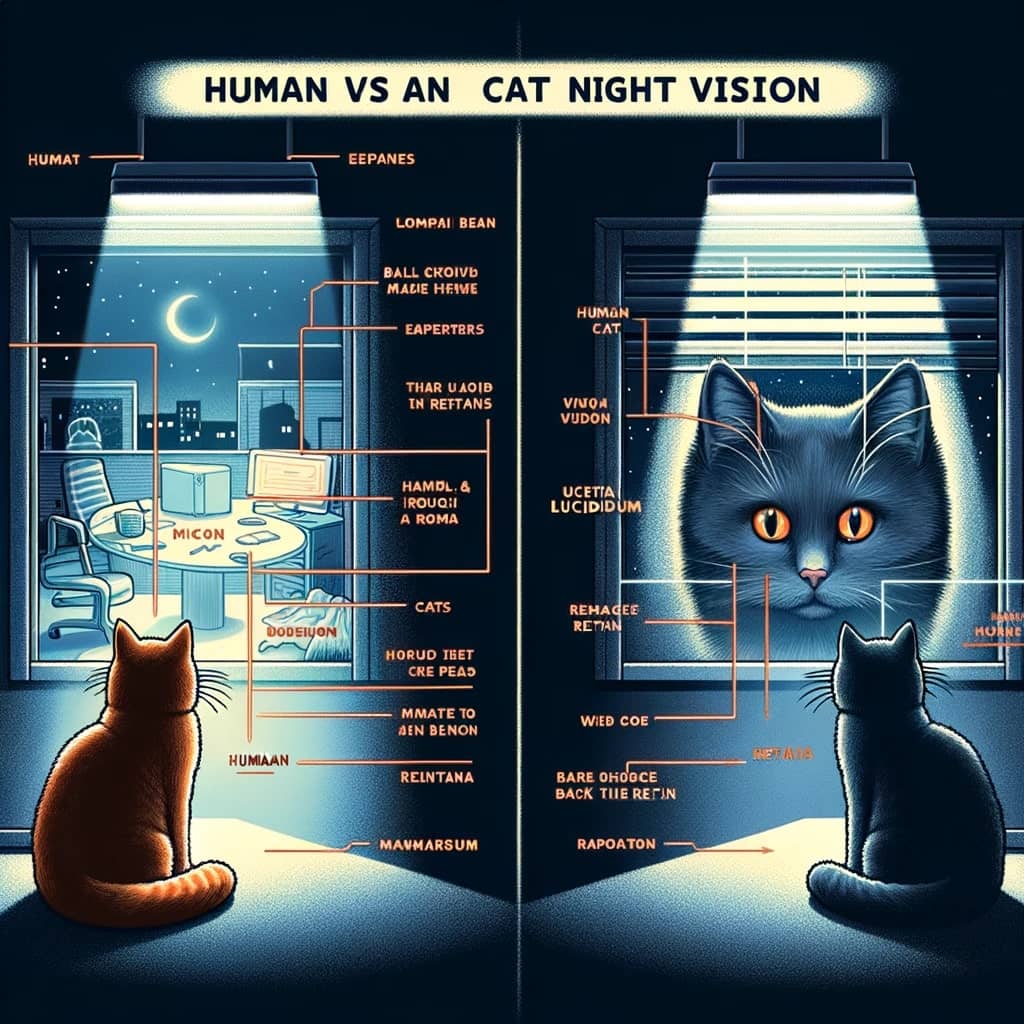 the comparison between human and cat night vision the image is divided into two sections
