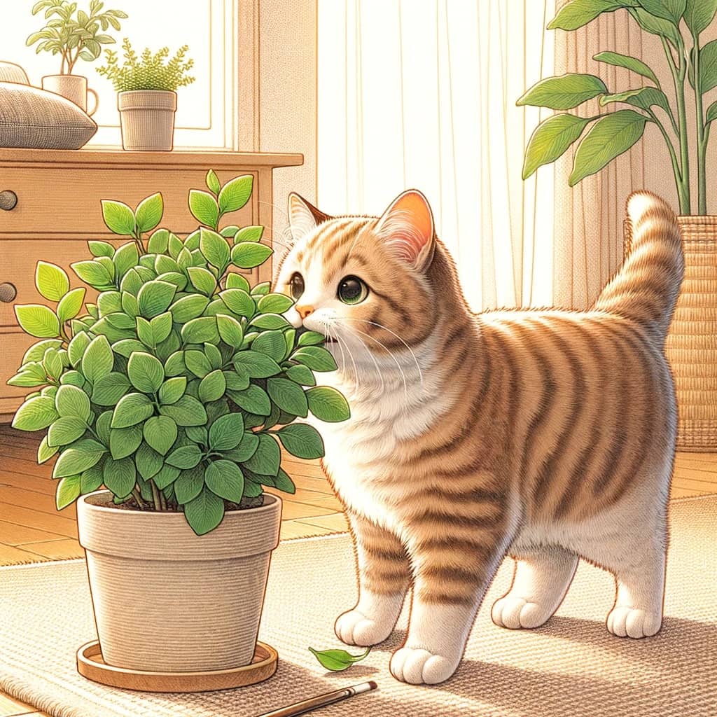 single cat in the act of gently nibbling on a houseplant