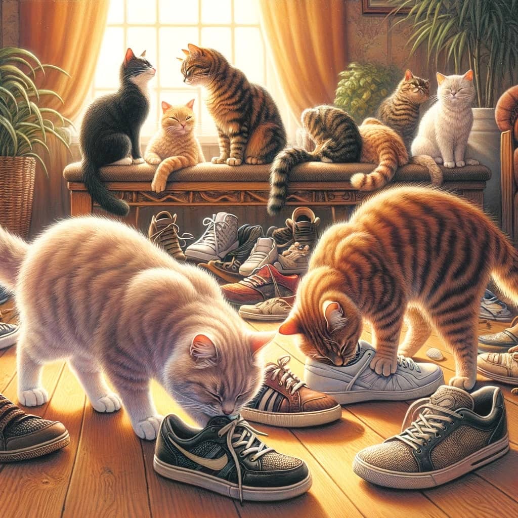 variety of cats engaged in the curious behavior of shoe sniffing