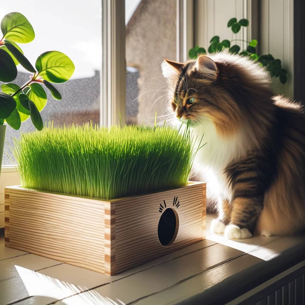 wide planter box filled with lush green cat grass and vibrant catnip plants sitting on a sunny windowsill the scene is peaceful